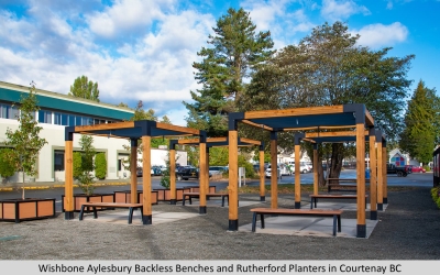 Wishbone Aylesbury Backless Benches and Rutherford Planters in Courtenay BC